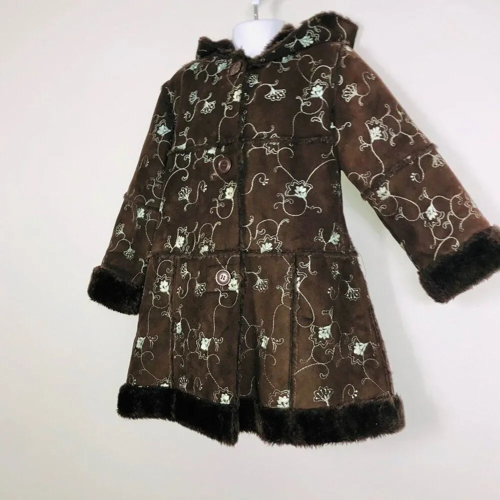 Vintage Y2K Rothschild Girls 4T Coat Brown Teal Embroidered Faux Fur Winter Long